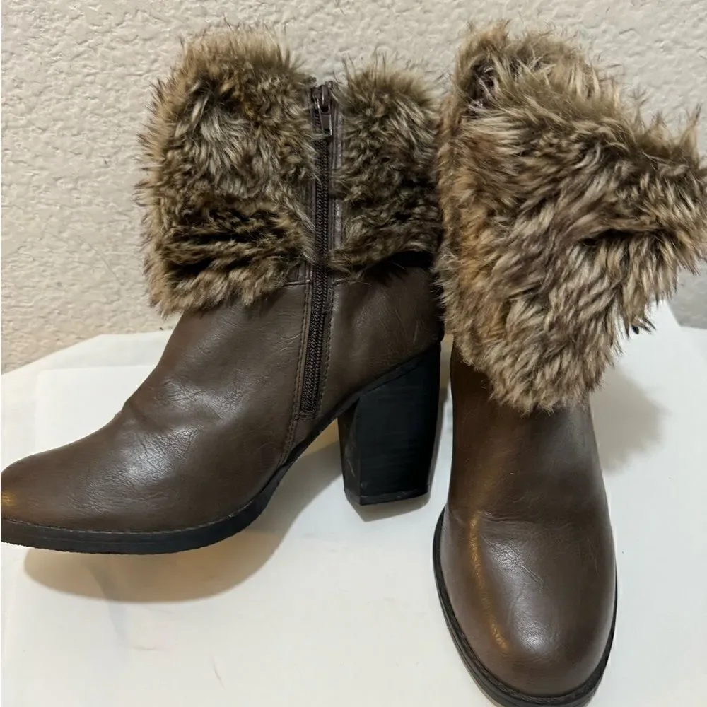 Sugar Pursuit Brown Boots with Faux Fur Collar